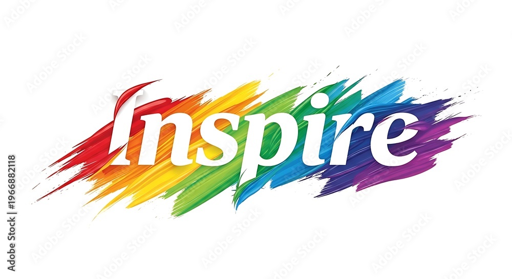 Obraz premium Inspire word in white letters with a vibrant rainbow paint splash effect, symbolizing creativity, motivation, and positive energy on a white background.
