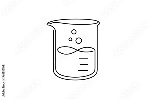 Outline of a laboratory beaker with markings and bubbles for science and chemistry