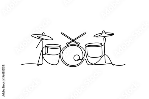 Minimalist line art of drum kit with cymbals and drumsticks on white background
