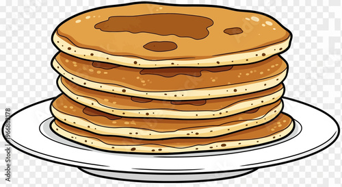 Stack of golden brown pancakes with syrup a white plate cartoon food breakfast