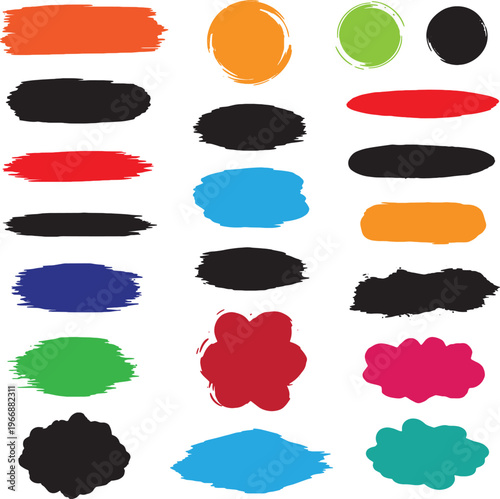 Abstract brush strokes and splatters in vibrant colors on white background