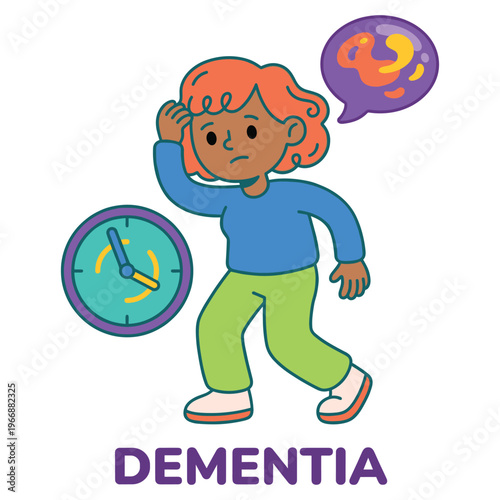 Healthcare illustration of a character experiencing medical health disease symptoms like confusion and memory loss, representing cognitive decline