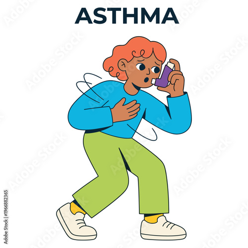 Character illustration depicting asthma symptoms, medical healthcare, and a person using an inhaler for respiratory relief during an attack