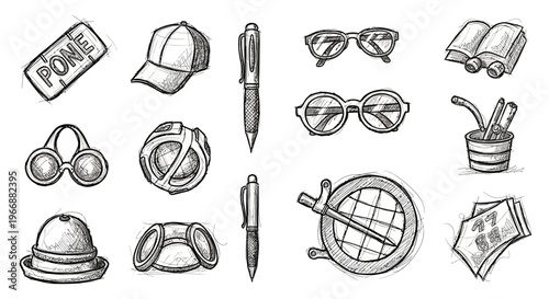 Collection of hand drawn office and personal accessories sketches including glasses pens hat and paper items.