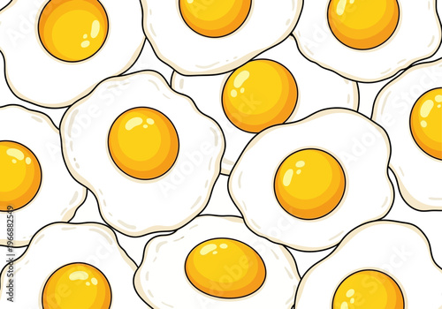 Seamless pattern of cartoon fried eggs with bright yellow yolks and white borders white background