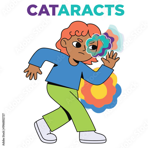 Illustration of a character with cataracts, showing blurry vision symptoms; a Medical Health concern for Healthcare