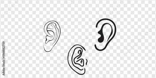 Minimal Black And White Ear Icons Pair — Hearing, Audio, And Listening Symbols On Transparent Background