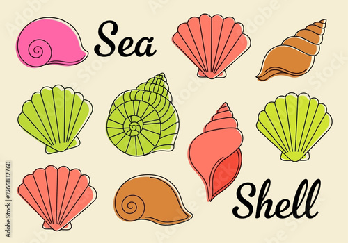 Collection of colorful cartoon seashells and spiral shells with text Sea Shell ocean