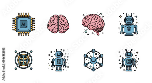 Colorful ai chip and brain icons collection featuring cute robots and neural network nodes in cartoon style.