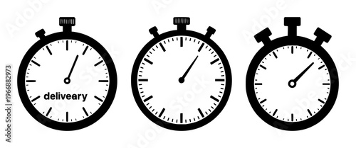 Express delivery stopwatch set with solid black icon on white background featuring stopwatch, express, delivery with traffic light and shipping