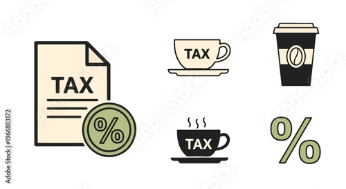 Flat lay of tax and finance icons including documents, coffee cups, and percentage signs on a white background.
