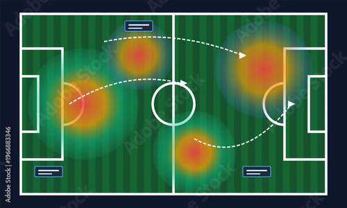 Hand-drawn professional football soccer pitch tactical heatmap displaying player movement patterns and strategic positioning data analysis for coaching authentic illustration