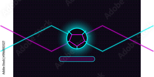 Hand-drawn neon soccer ball with cyan magenta glowing lines on hexagonal grid background for modern gaming authentic illustration