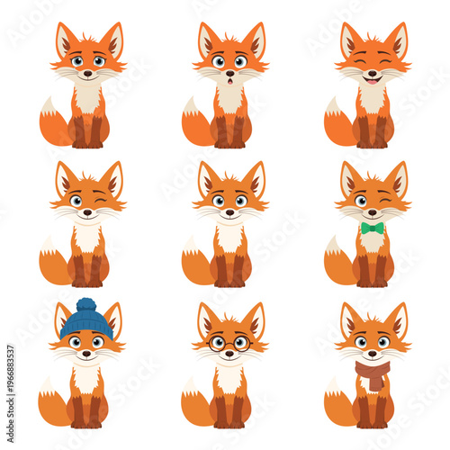 Set of 9 cute fox faces with different emotions. Cartoon character expressions collection. 