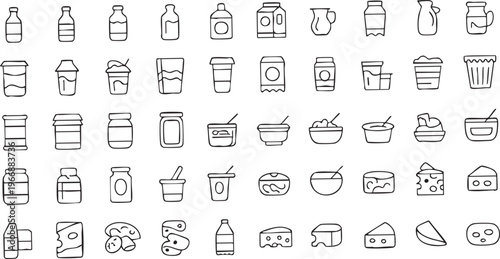 Milk yogurt and cheese icon pack in minimal outline style for food packaging and menus

