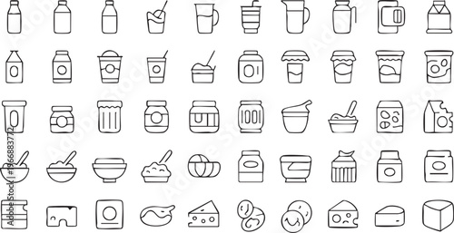 Dairy food outline icon set with milk yogurt cheese and beverage containers vector collection
