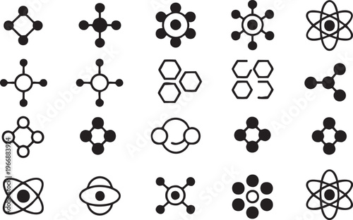 Atomic structure icons with particles and bonds for scientific research design
