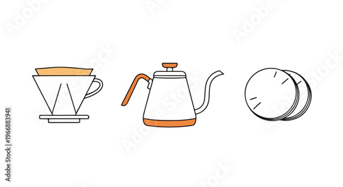 Line drawing of a coffee pour-over, kettle, and clock on a white background.