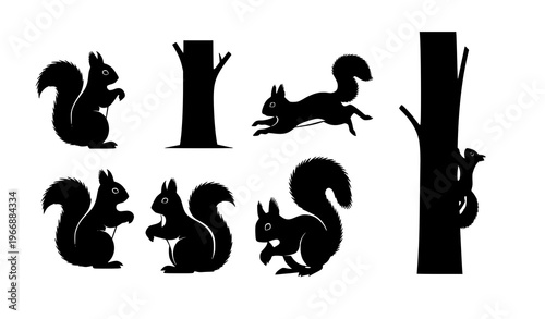 Squirrel silhouettes vector set with standing, running, and sitting poses including tree trunk
