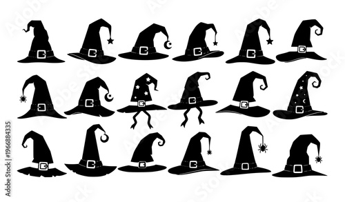 Vector black witch hat silhouettes with moons, stars, buckles, ribbons, and spider designs for magical artwork