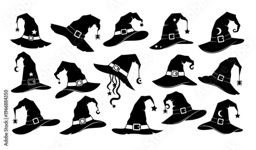 Minimalist black witch hat silhouettes vector set with moons, stars, ribbons, buckles, and spiders