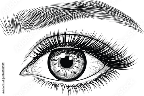 "Realistic Hand-drawn Illustration of an Eye with Lashes, Eyebrow, and Detailed Iris for Beauty and Eyewear Designs"