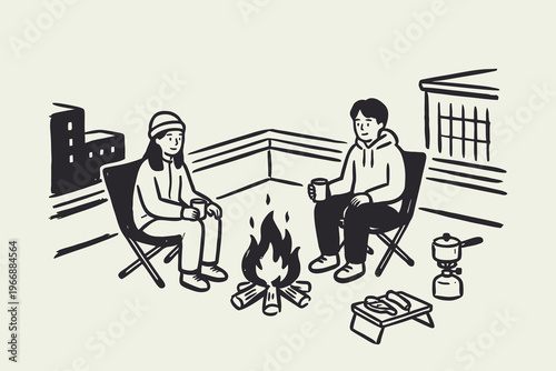 Urban Camping Couple Relaxing by Campfire on City Rooftop Illustration