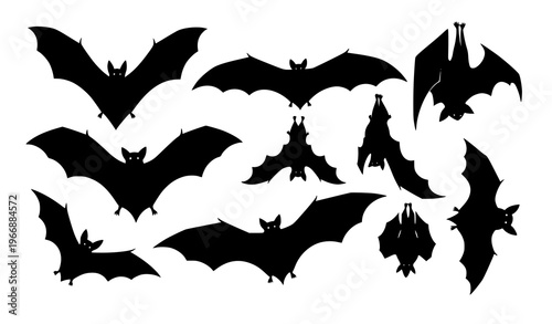 Bat silhouettes vector set with flying, hanging, and standing poses for Halloween and wildlife designs
