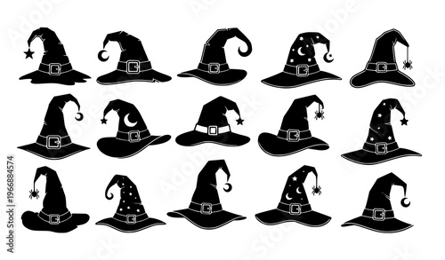 Black witch hat vector silhouettes set with stars, moons, buckles, ribbons, and spiders for Halloween designs