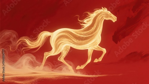 A gilded golden horse gallops through sand mist against a red background, presenting an unstoppable sense of power and auspicious atmosphere of the Year of the Horse with bright light and shadow, maki