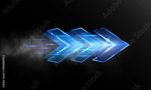 Glowing blue arrow with light streaks and smoke trail on dark background
