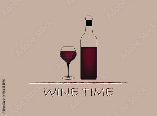 Wine time card concept, wine bottle and glass, vector illustration