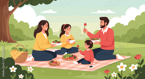 A cheerful family enjoys a delightful picnic outdoors with healthy food and smiles