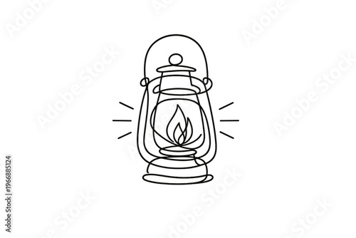 Vintage oil lantern outline with glowing flame on white background