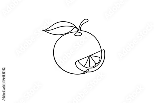 Minimalist line art of orange with leaf and slice on white background