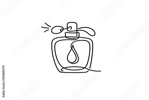 Minimalist continuous line drawing of perfume bottle with spritz