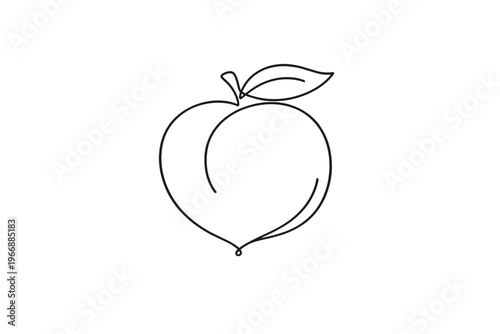 Minimalist line drawing of a peach with leaf on white background