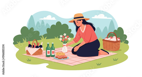 A woman in a straw hat arranges flowers and food for a summer picnic in a grassy park setting.