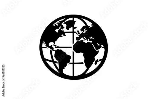 Black and white globe icon depicting continents on a white background