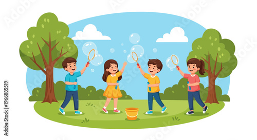 Children joyfully playing with bubbles in a sunny park during summer activities.