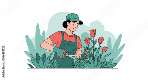 A woman gardener expertly trimming colorful flowers in a lush outdoor garden setting