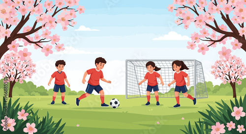 Children happily playing soccer on a grassy field with cherry blossoms in bloom