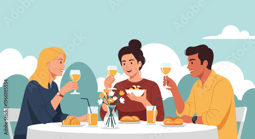 Friends enjoying brunch together with food and drinks in a bright illustration