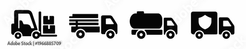 Minimal black transport icon collection with forklift, cargo truck, tanker and protected van. Clean logistics symbols for warehouse, shipment and fleet service themes.
