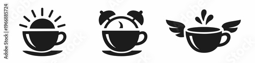 A stylized coffee symbol set with sunrise, alarm and flying cup motifs, designed for productivity themes, breakfast branding, cafe stickers, and energetic morning messaging.