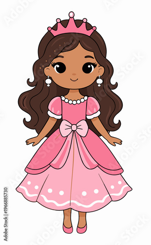 Cute dark skin princess wearing a pink gown with pearl details and a crown. Elegant fairytale character is perfect for inclusive kids decor, invitations, and fantasy collections.