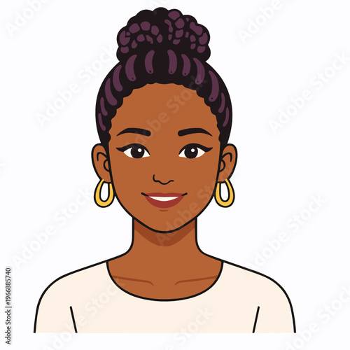 Elegant female avatar portrait with braided bun hairstyle and hoop earrings. Contemporary flat character for profile icons, social apps, beauty branding, and community design.