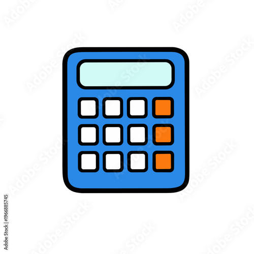 Rounded blue calculator with orange keys in a bold cartoon style, perfect for math education, accounting apps, finance tools and school learning interface graphics.