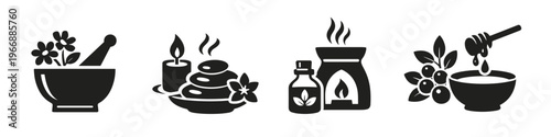 Black spa wellness icon set with herbal bowl, hot stones, essential oil bottle, house sauna and flower massage basin. Clean silhouette collection for beauty and relaxation branding.