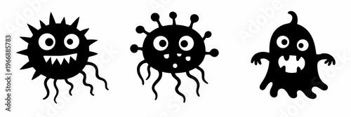 Collection of three whimsical virus or bacteria mascots with expressive eyes and waving tentacles. Black vector silhouettes communicate hygiene, microbiology and playful monster energy.